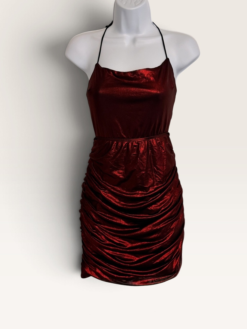 Lucy in the Sky Metallic Red Halter Ruched Mini Dress Tie Back Homecoming Formal